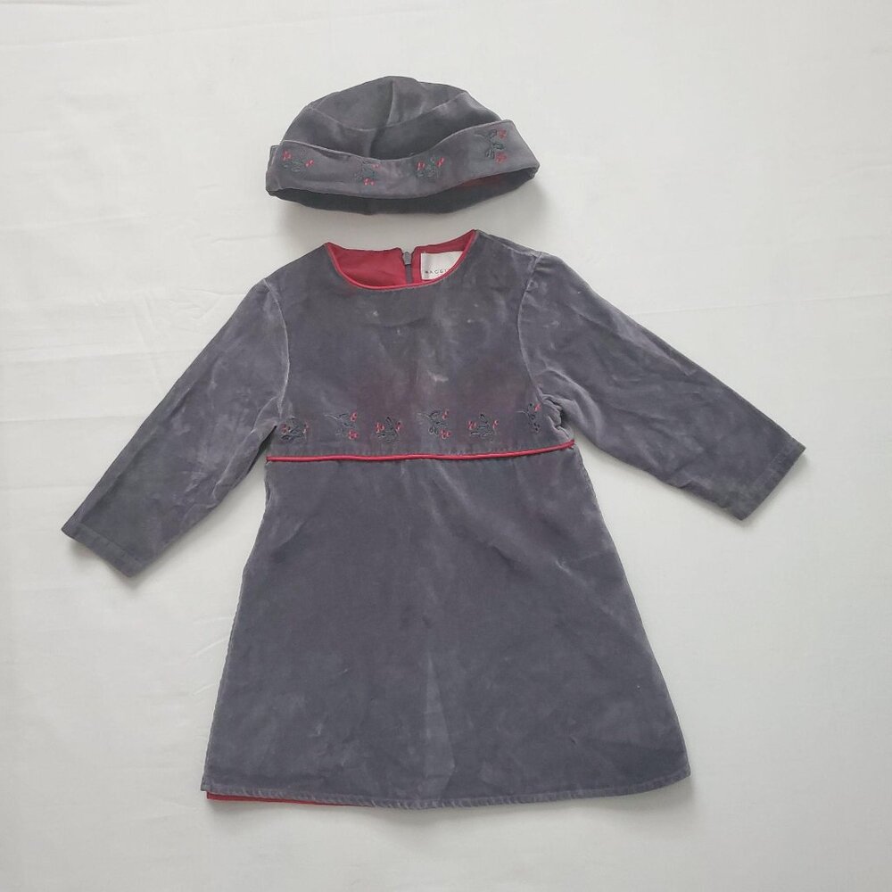 Maggie & Zoe Little Girls Velvet Holly Christmas Holiday Gray Dress With Hat 2T - Picture 3 of 13